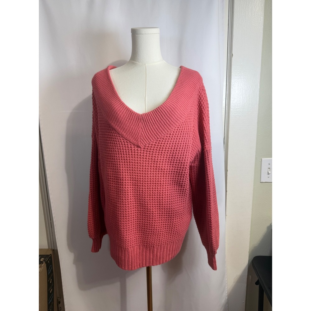 Zenana Waffle Knit V-Neck Sweater Coral Pink Oversized Pullover TW-3418AB Small